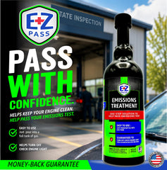 EZ PASS label close-up highlighting directions and emissions-support benefit