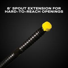 EZ-POUR yellow and black base caps detail showing fit options for multiple container threads