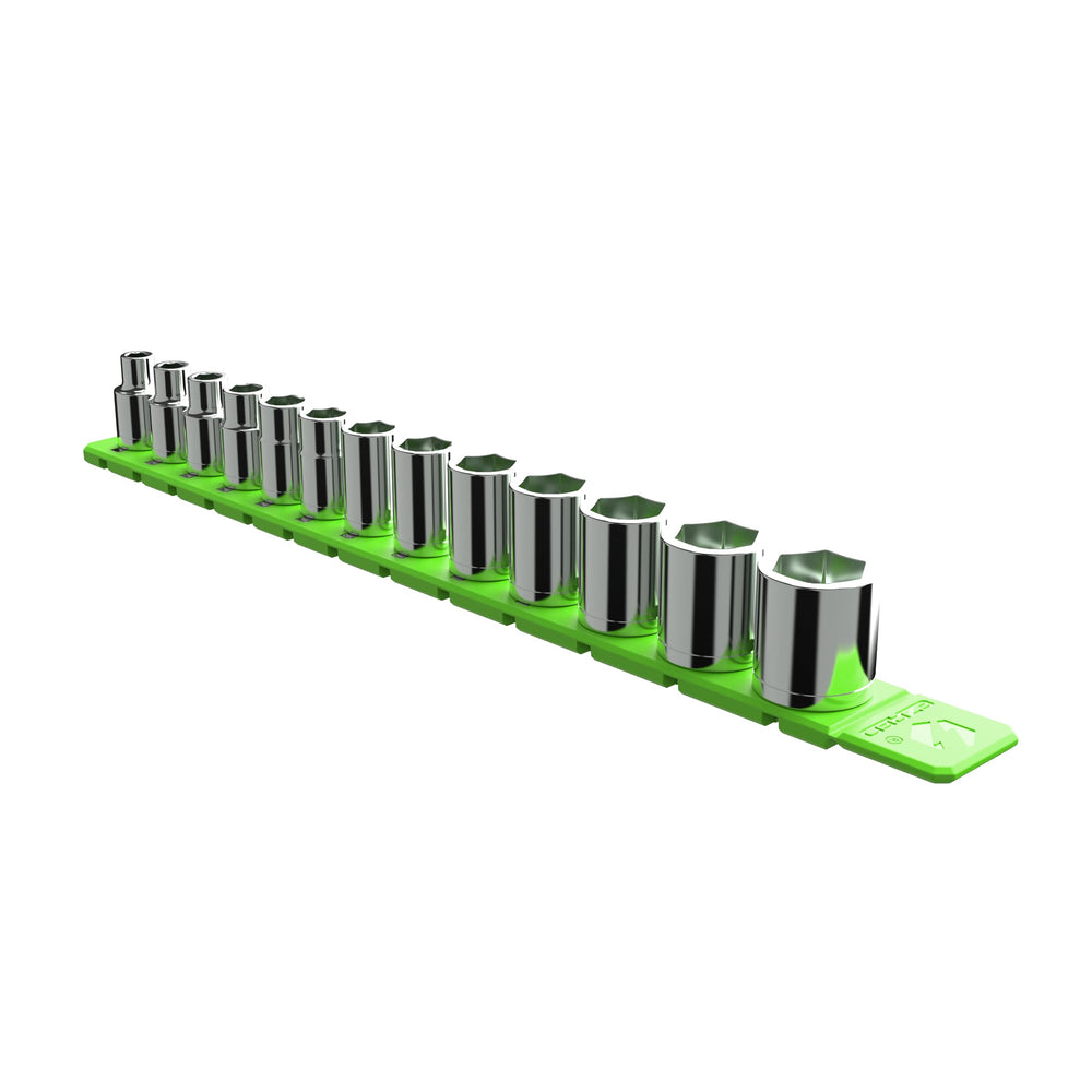EZRED front view of green rail holding sockets for fast access