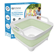 EZuraa front view of green collapsible basin showing compact design and handles for easy transport