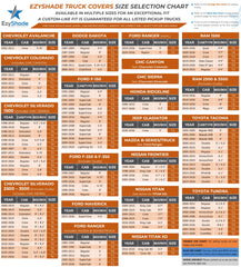 EzyShade vehicle size chart graphic guiding buyers to pick the correct truck cover size