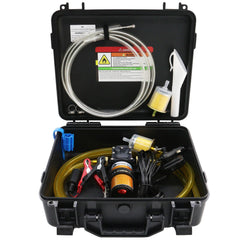 FACFUEL front view of portable 12V 75W fuel transfer pump kit showing components and portability benefits