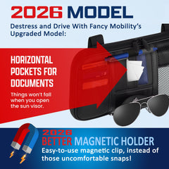 Fancy Mobility close-up of magnetic glasses holder securing sunglasses