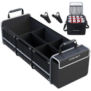 Farasla front view of trunk organizer showing compartments and lid, keeps items tidy