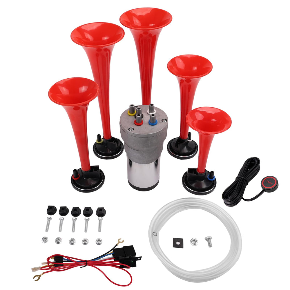 FARBIN front view of Dixieland air horn showing bright red trumpets for visual impact