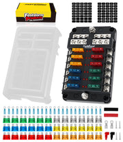FASTSTORM fuse block front view showing 12 fuse slots and main terminal for organized power