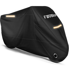 Favoto front view of covered motorcycle showing full weather protection benefit