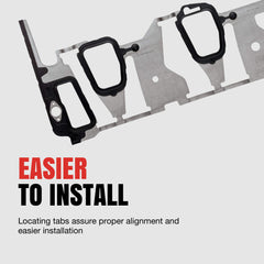 Fel-Pro intake gasket locating tabs detail for faster, accurate alignment during installation