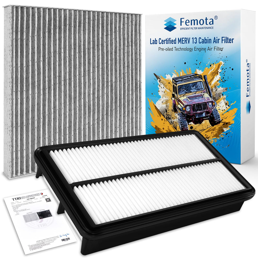 Femota front packaging of cabin and engine filter kit showing complete set and benefit of OEM fit