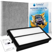 Femota front packaging of cabin and engine filter kit showing complete set and benefit of OEM fit