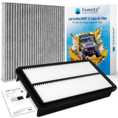 Femota front packaging of cabin and engine filter kit showing complete set and benefit of OEM fit