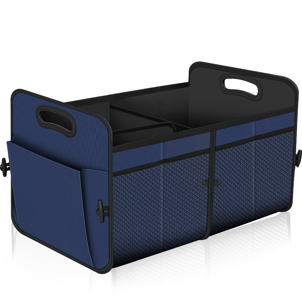 Femuar front view of large blue trunk organizer showing big capacity and neat storage