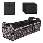 Femuar front view leopard print showing spacious exterior and organized pockets benefit visibility