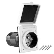 Ficstar front view inlet showing twist-lock face and white housing for secure shore power