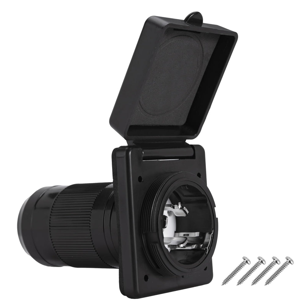 Ficstar front view inlet showing sleek black housing and secure cover, durable connection