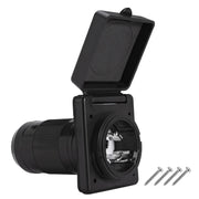 Ficstar front view inlet showing sleek black housing and secure cover, durable connection