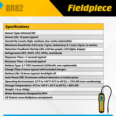Fieldpiece DR82 backlit LCD displaying leak intensity for fast, clear readings