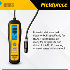 Fieldpiece DRX3 control panel and LED indicators demonstrating clear leak intensity feedback