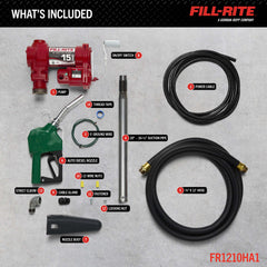 Fill-Rite automatic green nozzle and 12-foot hose demonstrating hands-free shutoff
