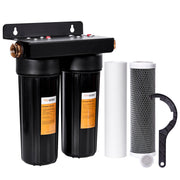 Filterelated front view of dual filter unit showing compact housing and labels, improves RV water quality