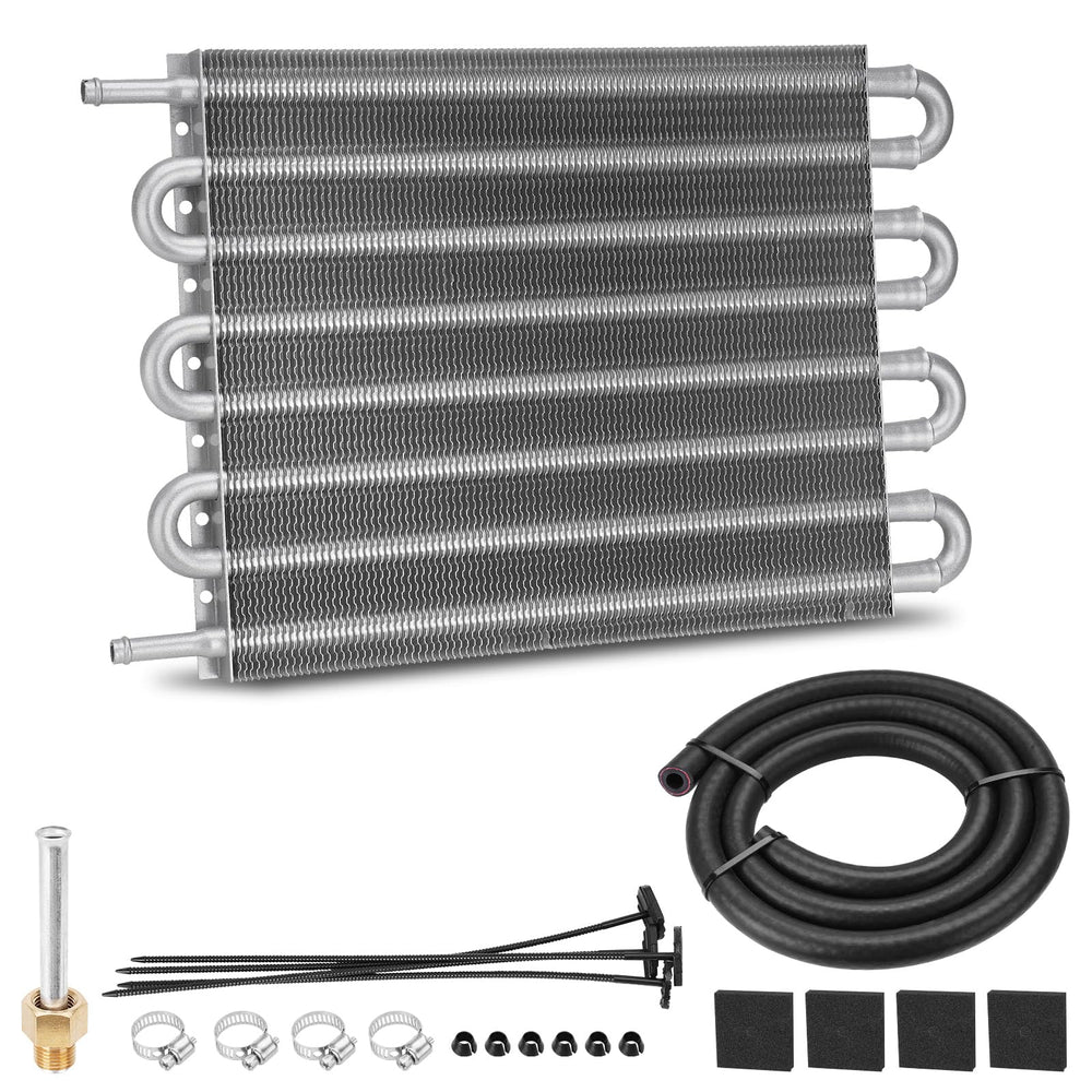 FILTERUP front view of cooler showing 8-row core and fittings, highlights efficient cooling