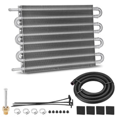 FILTERUP front view of cooler showing 8-row core and fittings, highlights efficient cooling