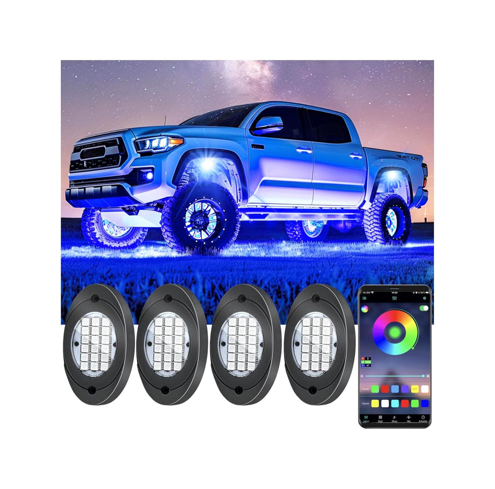 Fimker front view of 4-pod underglow kit showing compact durable housings and bright LEDs