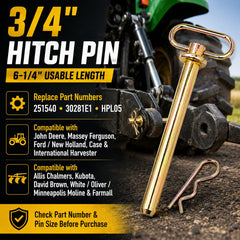 Firmusparts hitch pin beside ruler showing 6-1/4 inch usable length for precise fit