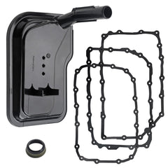 Fitede front view of transmission filter kit showing components and fitment benefits