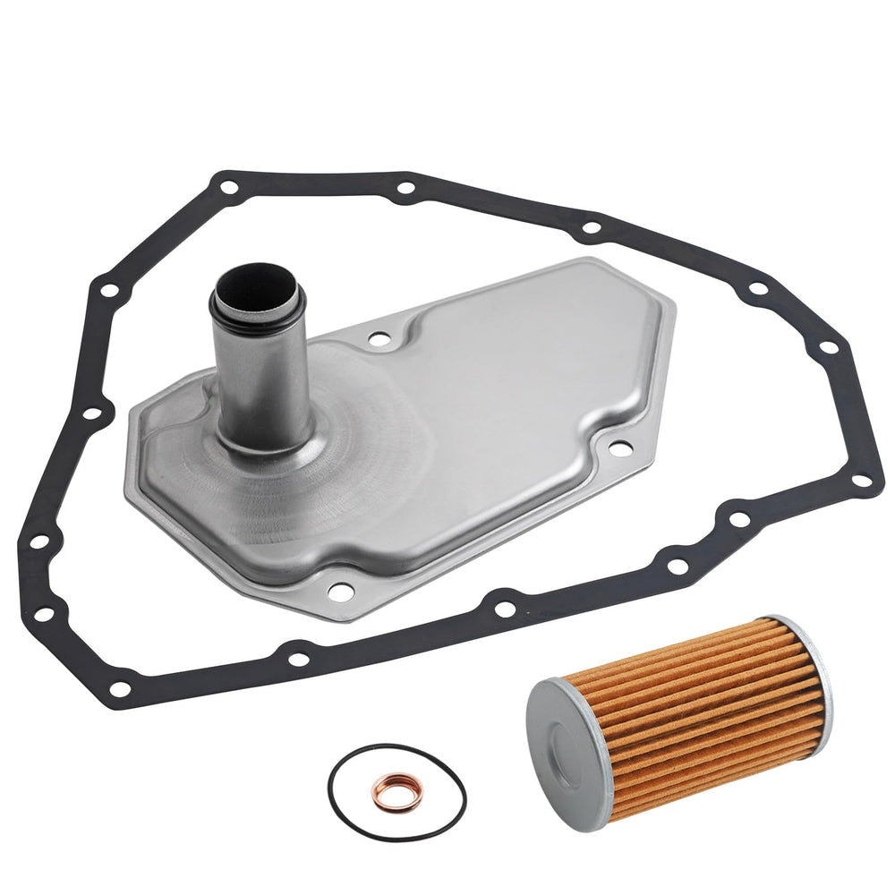 Fitede front view of complete transmission filter, pan, and gasket kit showing components and fit