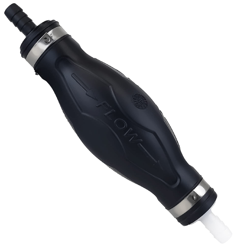 Five Oceans primer bulb front view showing shape and hose ends for easy priming