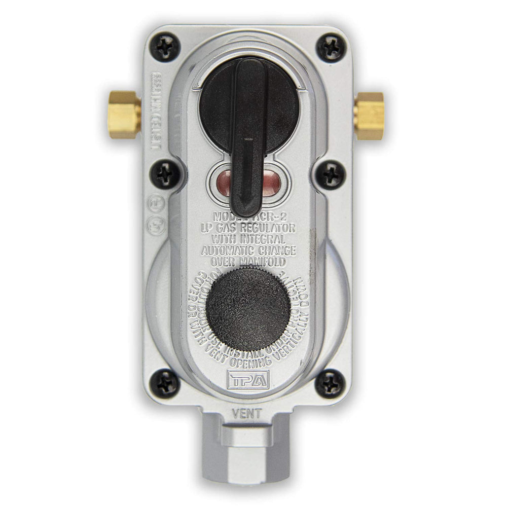 Flame King ACR-2a front view showing compact regulator body and ports, ensuring reliable changeover