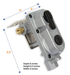 Flame King side profile with label visible, providing model and pressure specs for quick identification