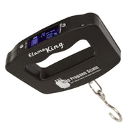 Flame King front view showing compact black scale and benefits of portability