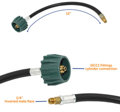 Flame King two 12-inch pigtails attached to regulator for easy immediate hookup