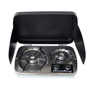 Flame King front view of two-burner RV cooktop showing compact layout and finish