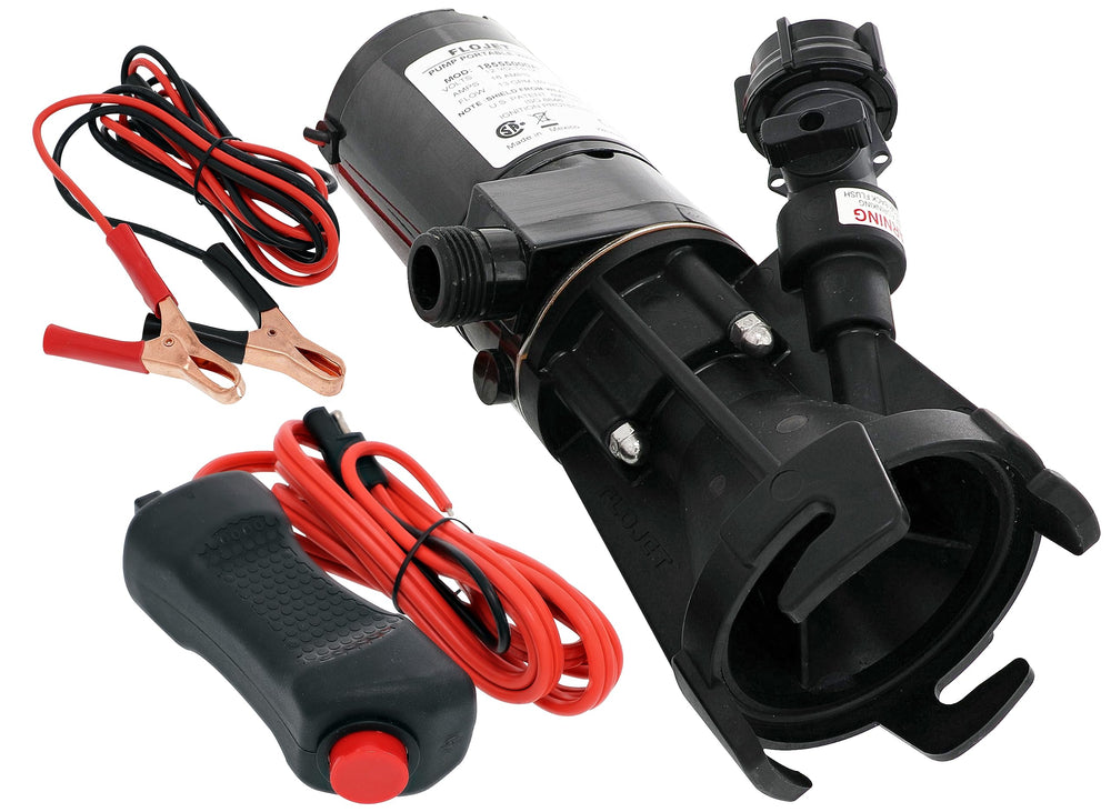 Flojet 18555-000A front view showing pump body and connections, demonstrating compact portability