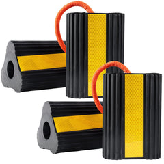 Florety front view of chocks showing shape and high-visibility stripes for safety