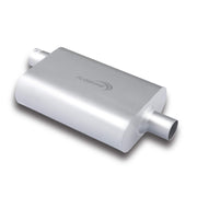 Floshine front view of muffler showing inlet and outlet, durable fit