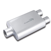 Floshine front view of muffler showing inlet and dual outlets, illustrating fitment benefit