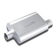 Floshine front view of muffler showing inlet and outlet, illustrates fit benefits