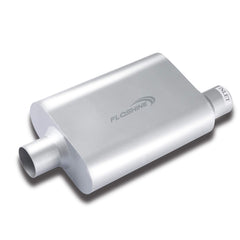 Floshine front view of muffler showing inlet and outlet, illustrates fit benefits