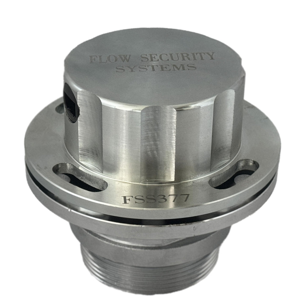 Flow Security Systems front view of locking vented fuel cap showing secure design and fit
