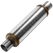 Flowmaster front view of muffler showing inlet and outlet, durable and compact