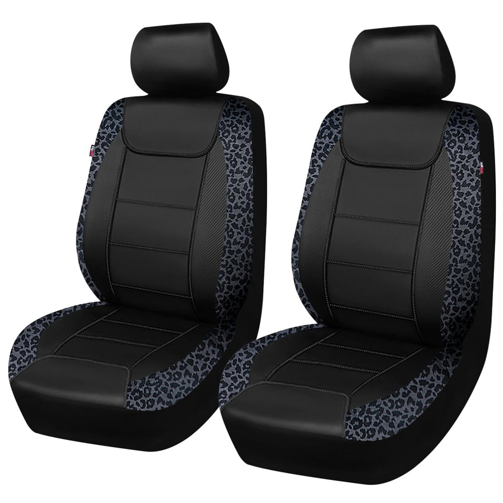 Flying Banner front seat covers full view showing leopard gray velvet and black faux leather for stylish protection