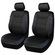 Flying Banner front seat covers full view showing leopard gray velvet and black faux leather for stylish protection