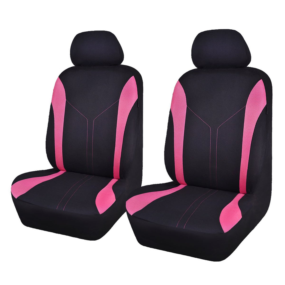 Flying Banner front seat covers full set showing black and pink color and fit