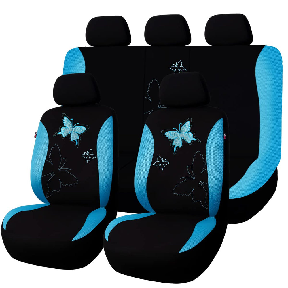 Flying Banner front view of full mint-blue set protecting bench