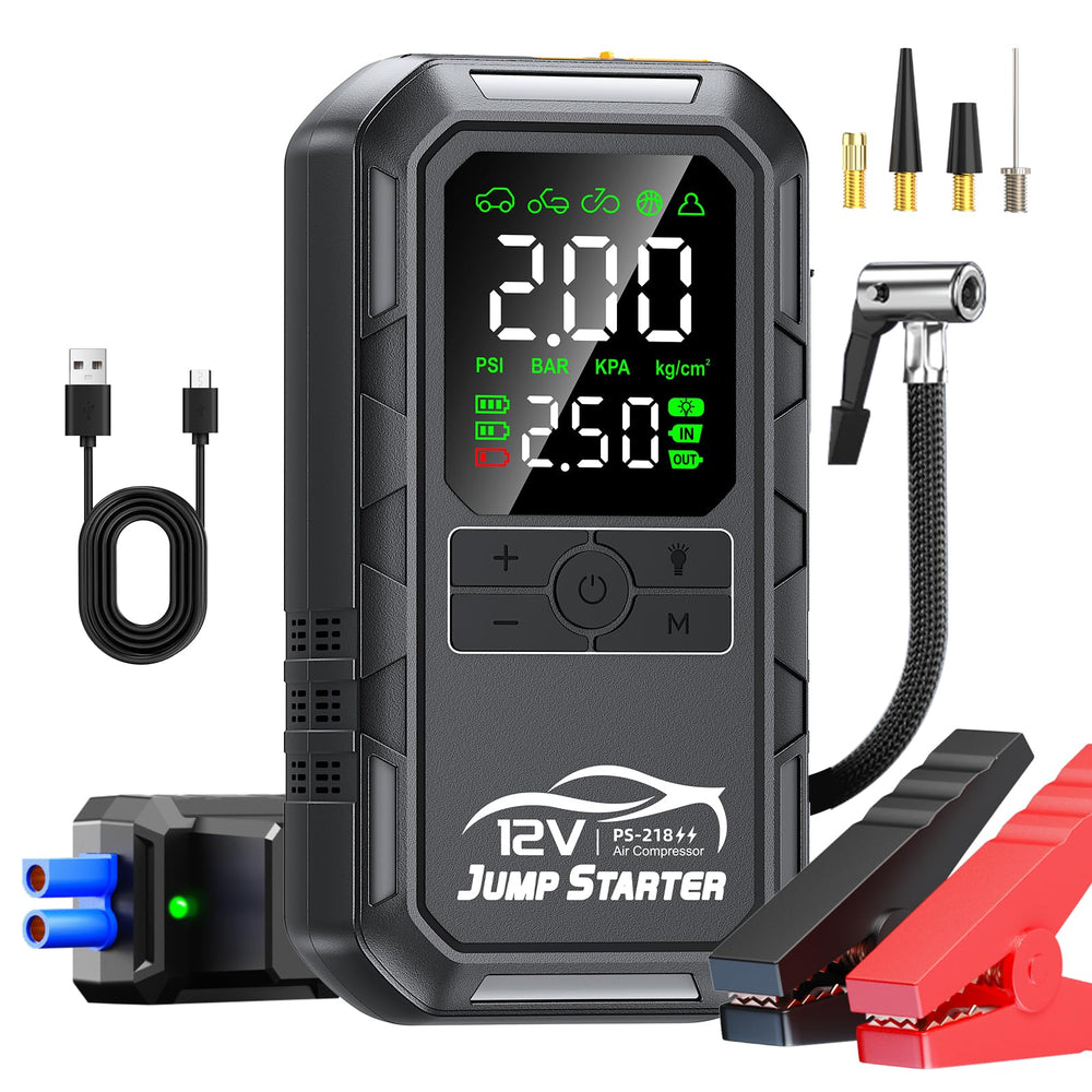 FMOOO front view showing compact jump starter and portable design benefit