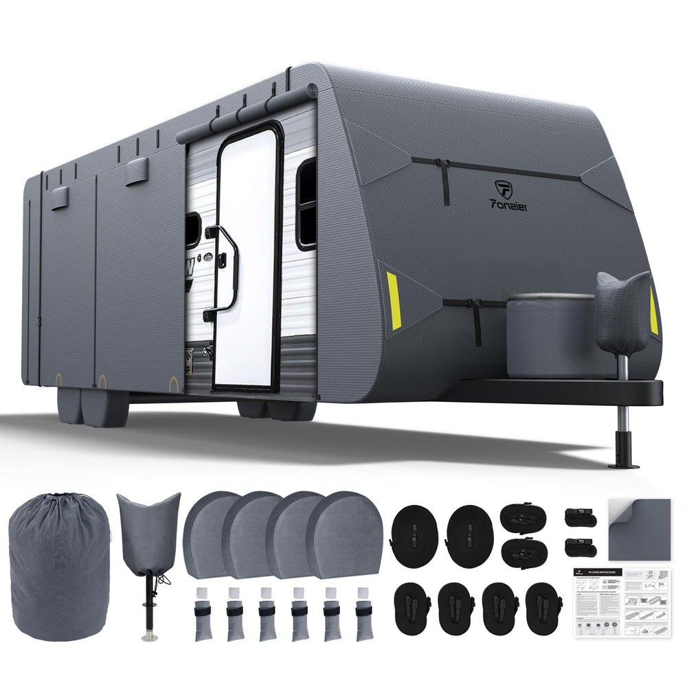 Fonzier front view showing full cover protecting trailer, durable weather protection